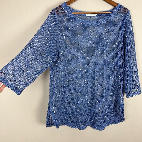 Lulu B Tunic Top‎ Womens XL Blue Net Mesh Mermaid Fishnet Open Knit 3/4 Sleeve - Picture 5 of 10
